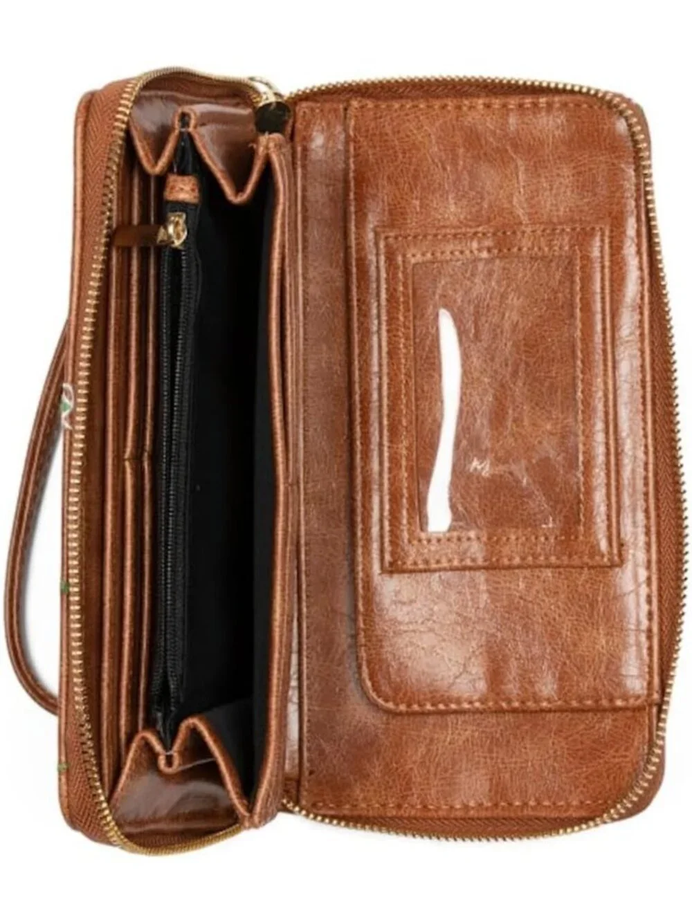 Floral Embroidered Zip Around Wallet with Wristlet Strap - Tan, 8.5x5 Inch